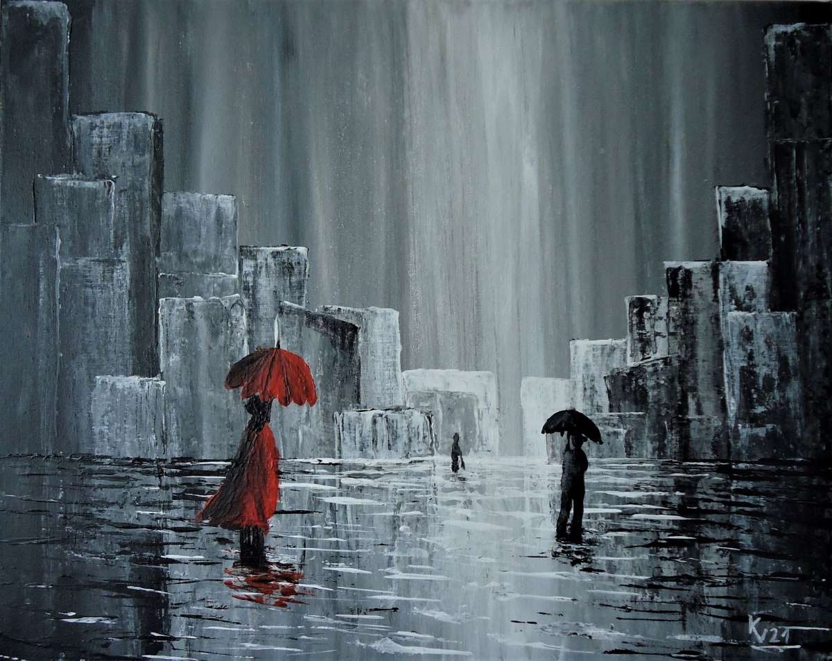 rote Frau Regenschirm Stadtansicht Regen Einsamkeit Acryl Gemälde Kunst schwarz weiß rot